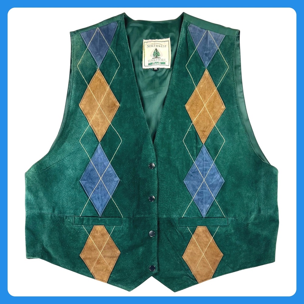Northwest Territory Plus Argyle Vest Women's 3X Green Suede Leather Patchwork